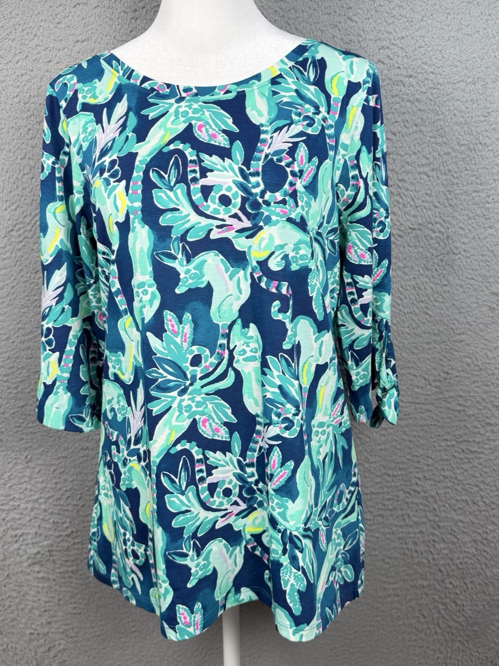 Lilly Pulitzer Preston Top Womens Medium Blue Green 3/4 Sleeve Colorful Preppy
